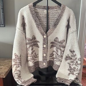 POL Elegant Cream and Brown Floral Cardigan